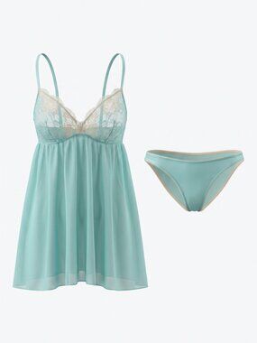 VTG Victoria’s Secret Y2K Aqua Sheer Lace Babydoll Panty Lingerie Set Large NWT